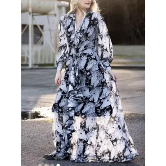 Unique Vintage Black & White Sheer Horse Print Maxi Flowy Dress Unique Rare S 4 - Picture 1 of 12